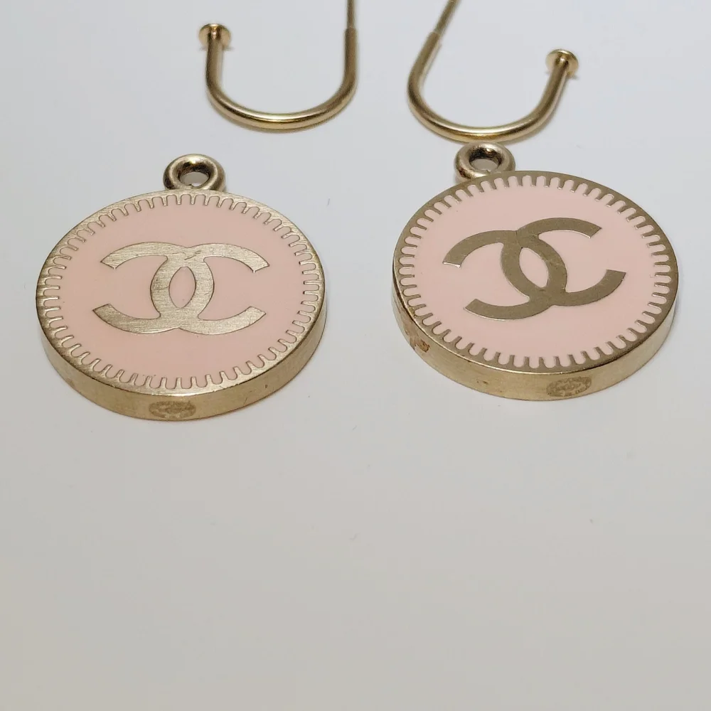 Auth CHANEL Gold & Pink CC Coco Camelia Dangle Drop Hoop Pierced Earrings EUC!